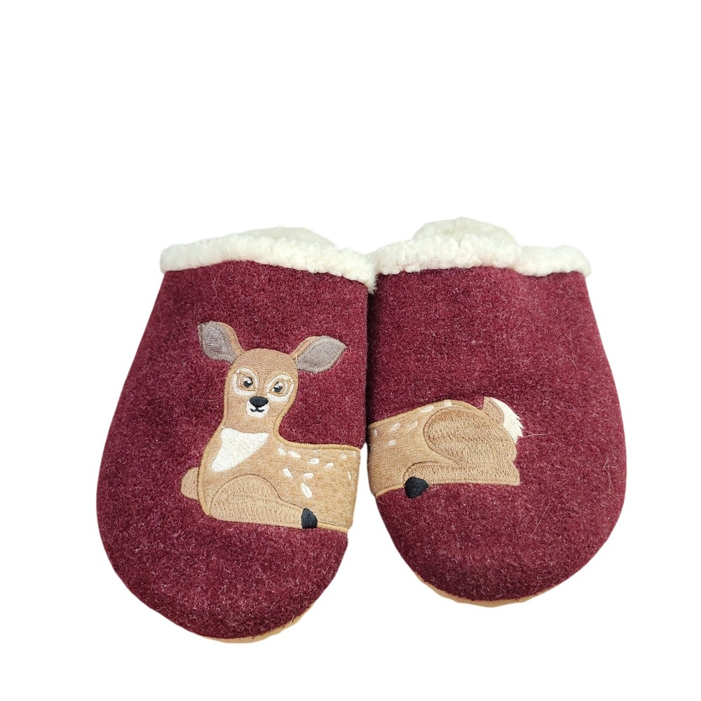 Lands End Womens Burgundy Wool Deer Clog Slippers Faux Shearling Size 7B